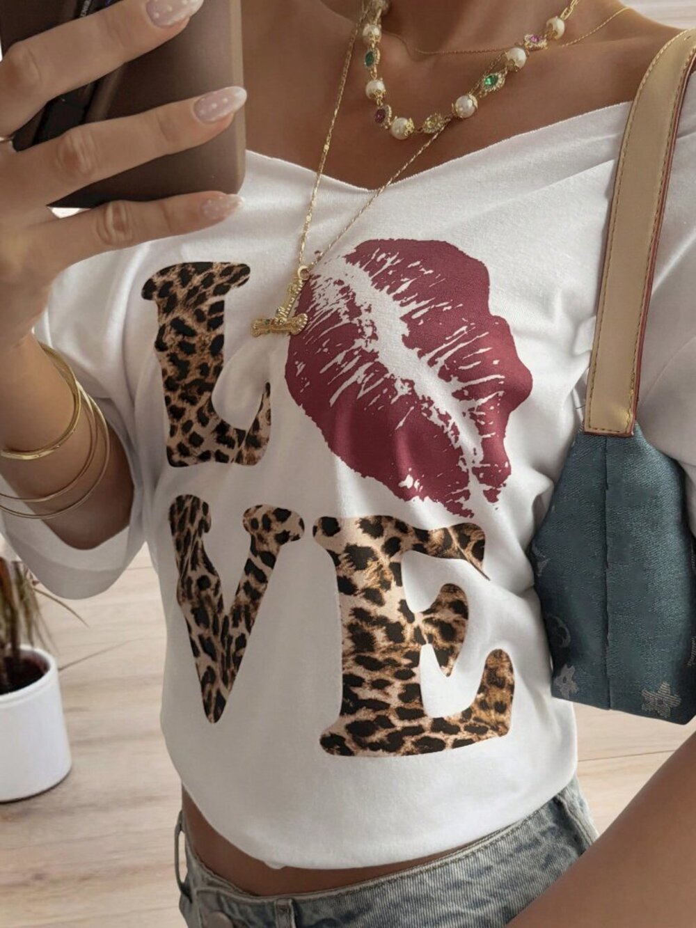White Casual Women's Loose Vacation Leopard Print T-Shirt